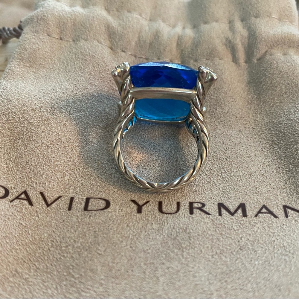 David Yurman 20 MM Blue Topaz & Diamond Cushion On Point Ring - Picture 3 of 5